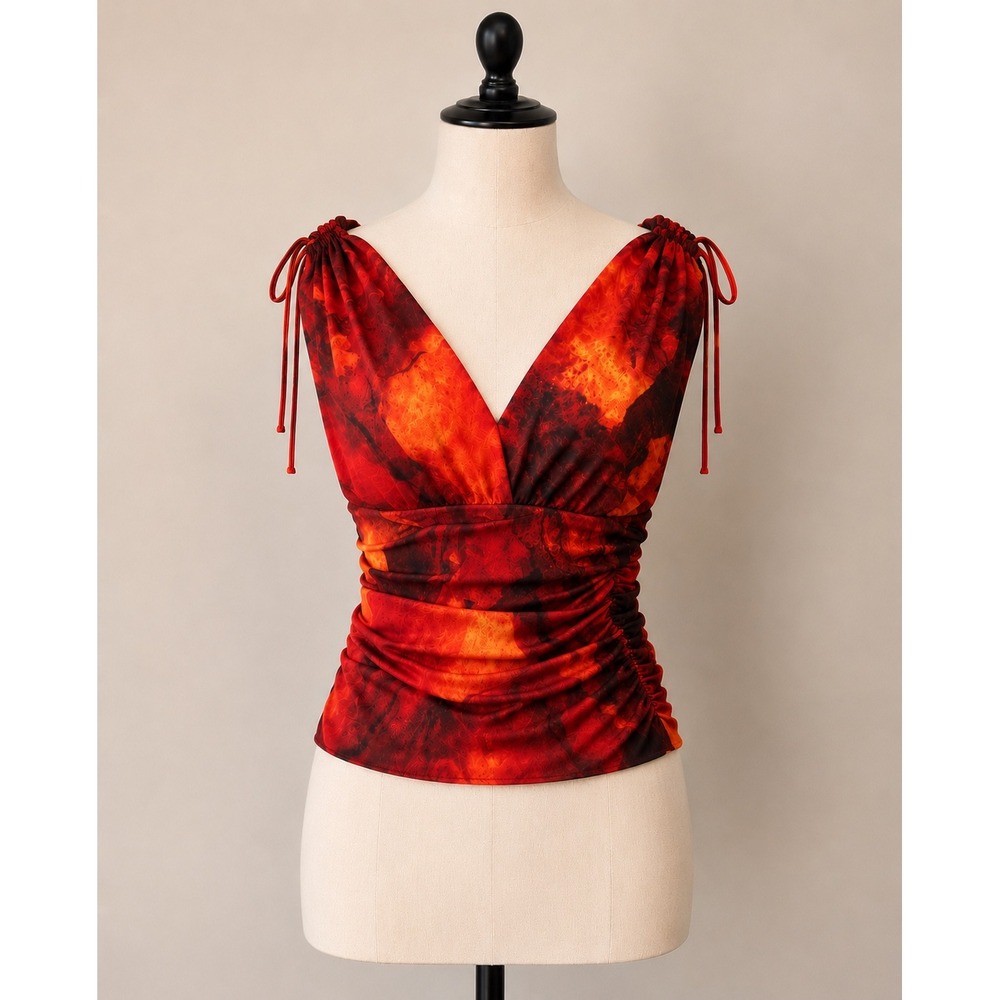 Windsor Halter Top Small‎ Red Orange Abstract Ruched Tie Shoulder